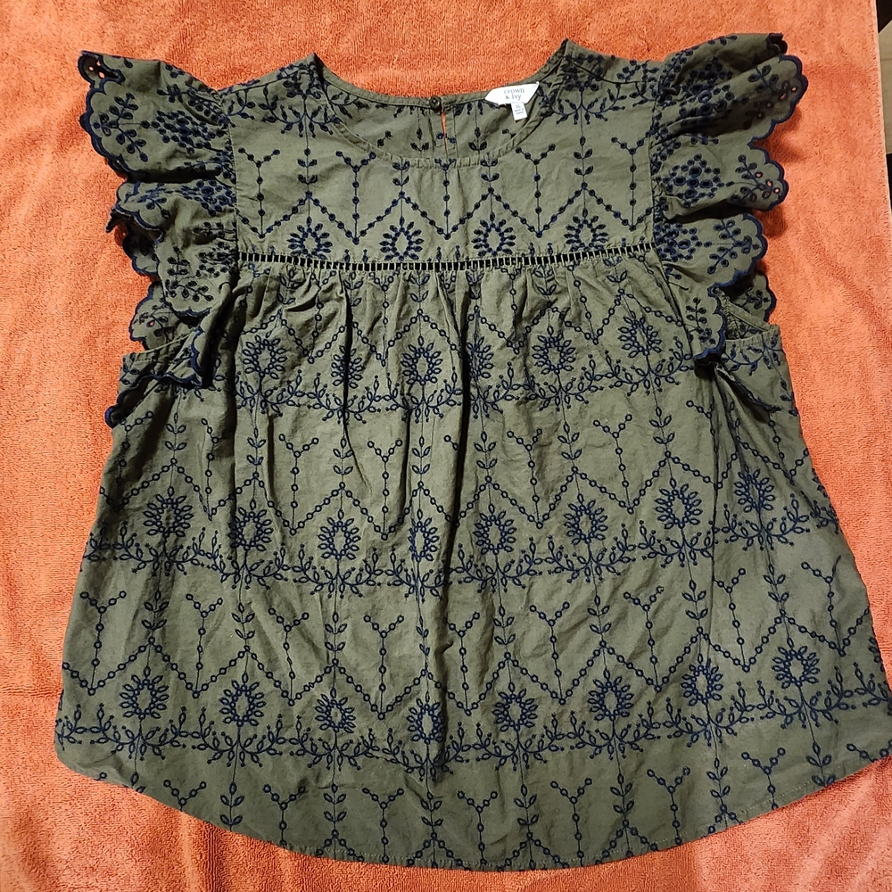 Crown & Ivy Olive Green Embroidered Blouse